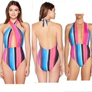 La Blanca Womens Wrap Front Keyhole One Piece Swimsuit pink blue striped Sz 10